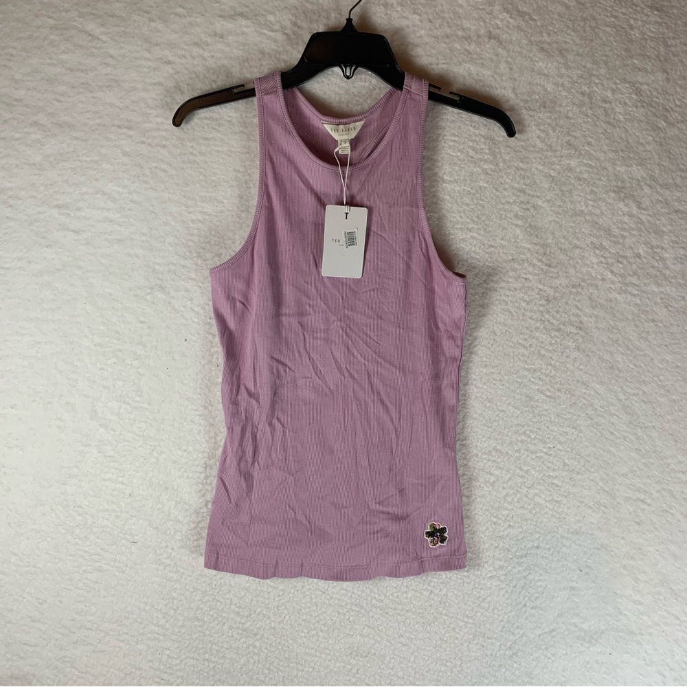 Ted Baker Tank Top size 2 Lavender Hibiscus EmbroiderY‎ Ribbed Knit NWT 5762